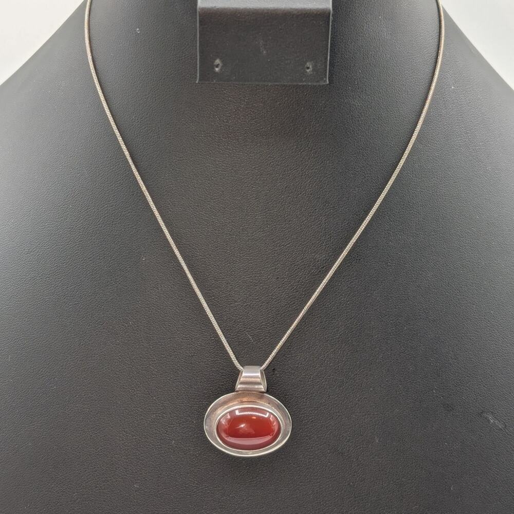 Vtg 925 Sterling Silver Mexico Bezel Set Carnelian Stone 16.5" Chain Necklace
